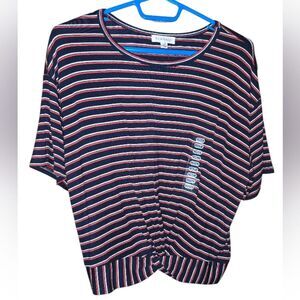 SOUL CAKE Cross Front Top Short Sleeve Shirt Size Medium Blue Striped